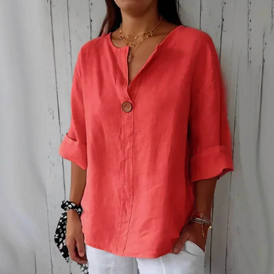 Loose Cotton Linen V-Neck Button Top for Women - ZA-Zola