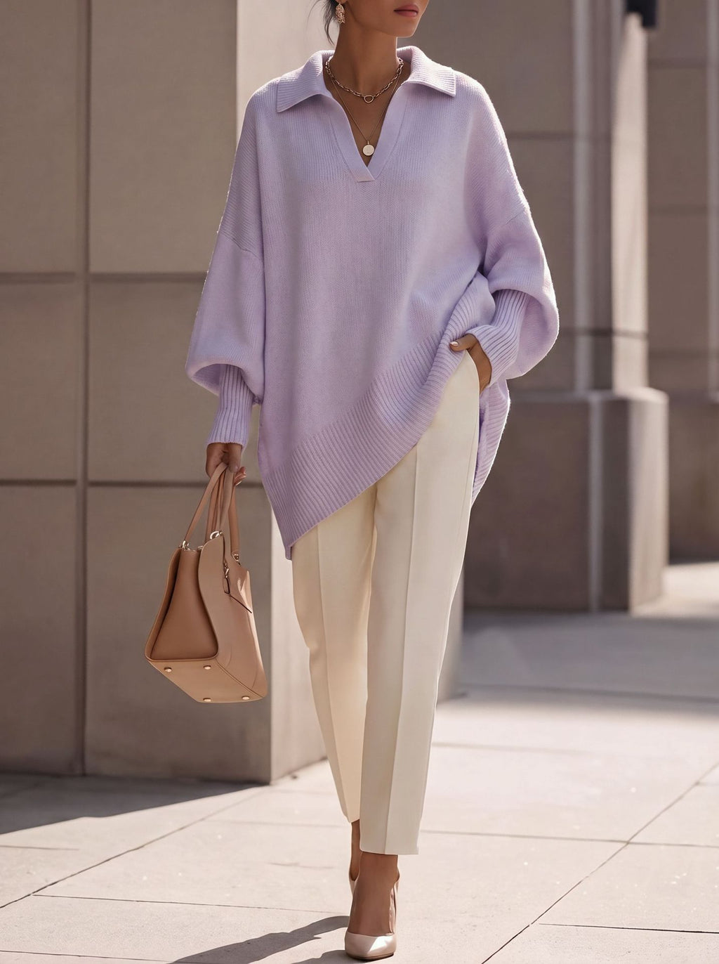A woman wearing an oversized light purple knit polo sweater, cream-colored trousers, and beige heels, carrying a tan leather handbag while walking outdoors.
