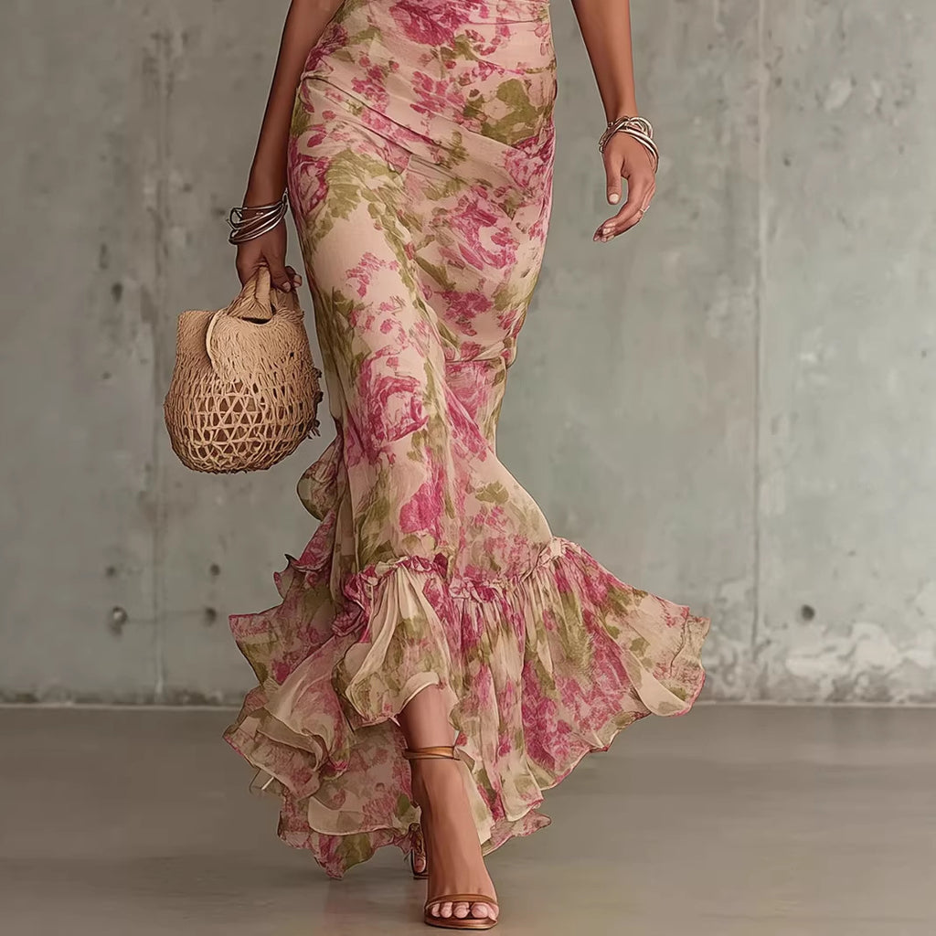 Woman wearing a floral dress with ruffles holding a woven handbag against a textured wall.