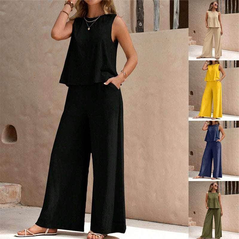 Woman wearing ZA-Zola wide-leg pants and sleeveless top set in multiple trendy colors