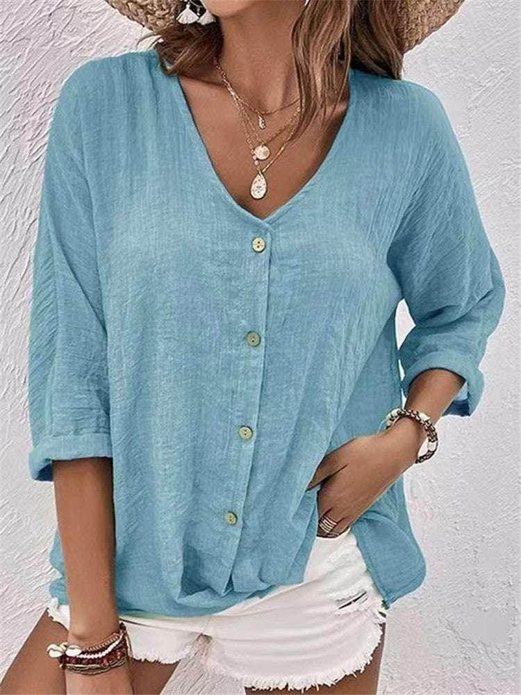 Casual V-Neck Button Top – Loose Fit for Women - ZA-Zola