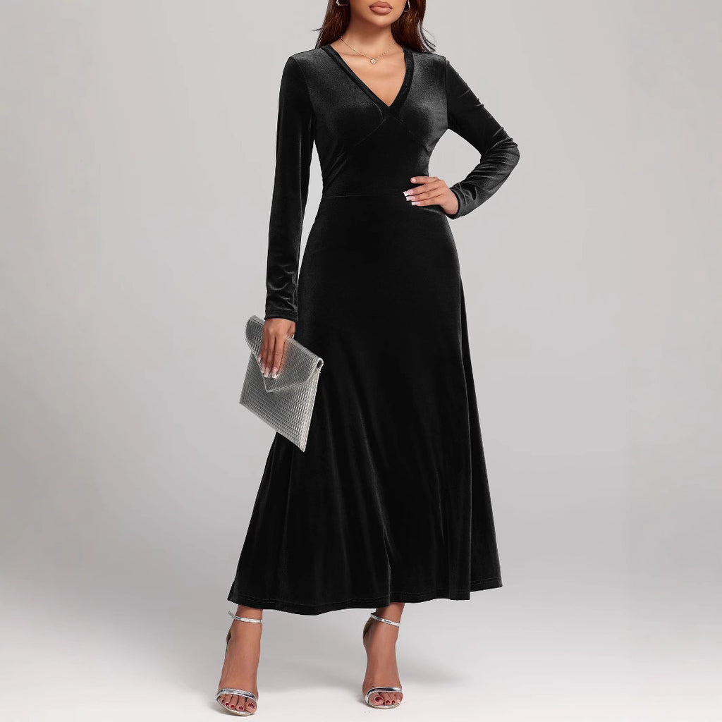 V Neck Velvet Dress | Long Sleeve Velvet Evening Dress 