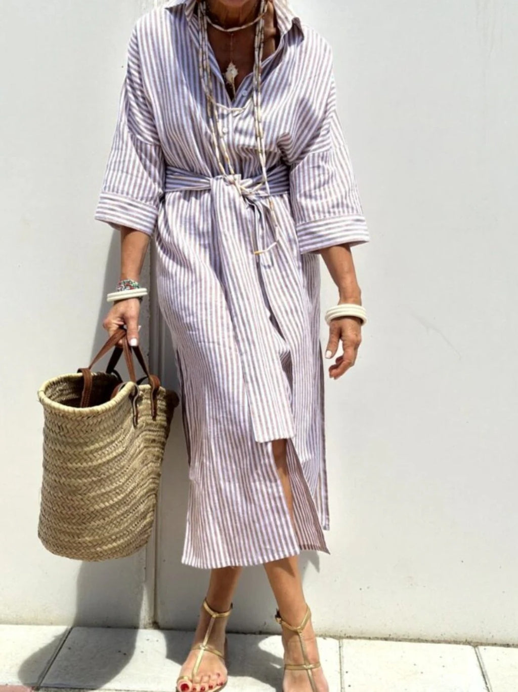 Striped Shirt Dress with Belt Half Sleeve Lapel Button Cardigan Dress Women's Fashion Clothing