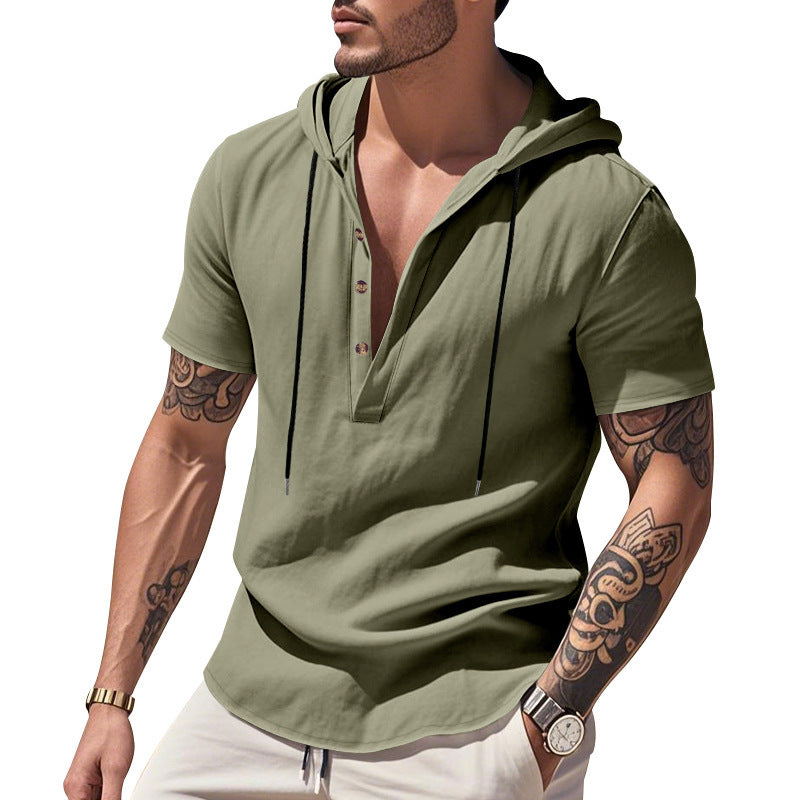 Men’s Breathable Linen Hooded Henley Short Sleeve Shirt