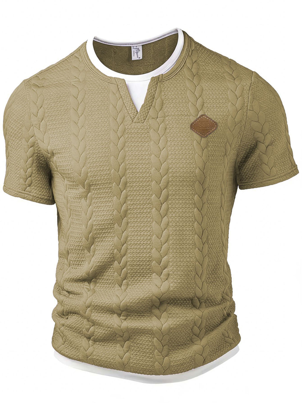 Khaki cable knit short-sleeve sweater with a brown patch on a white background