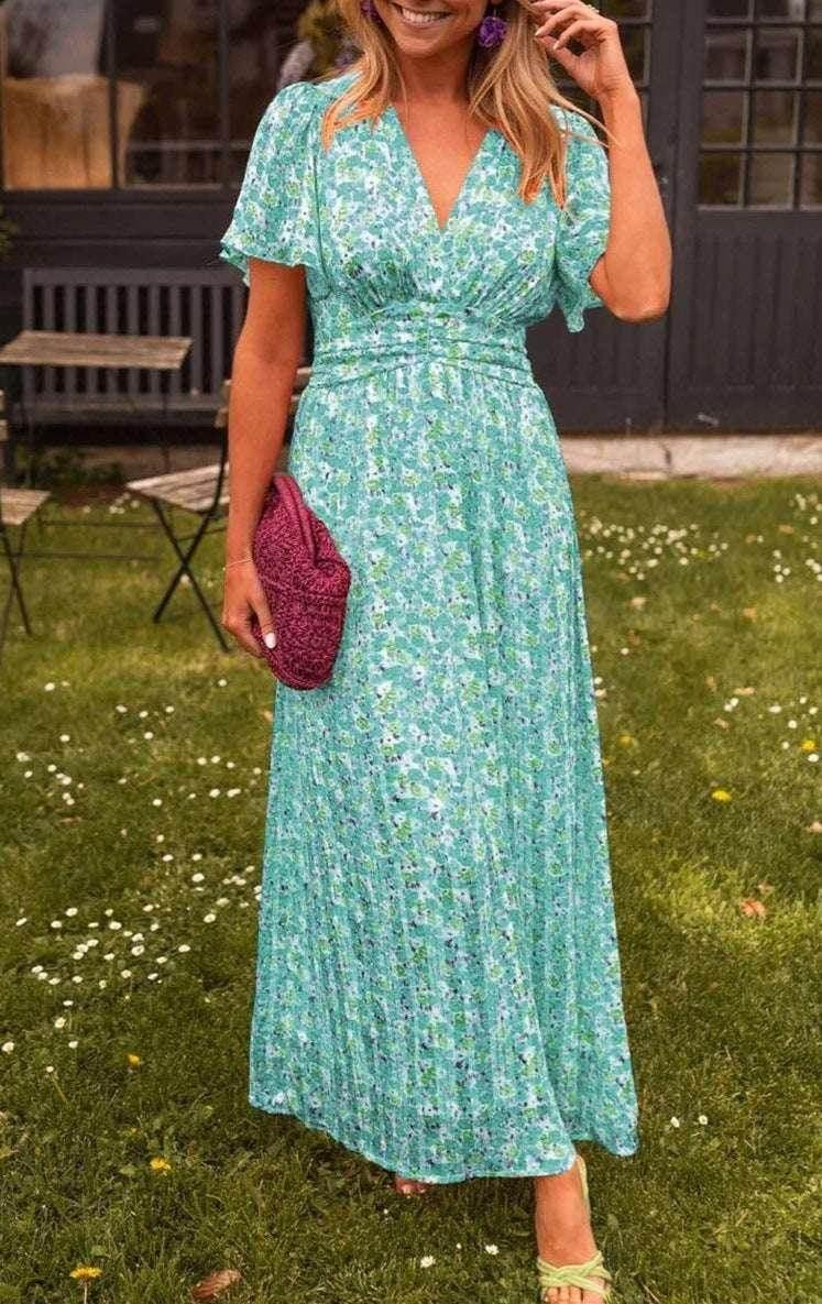 Floral V-Neck Waist Dress – Flowy & Feminine Fit - ZA-Zola