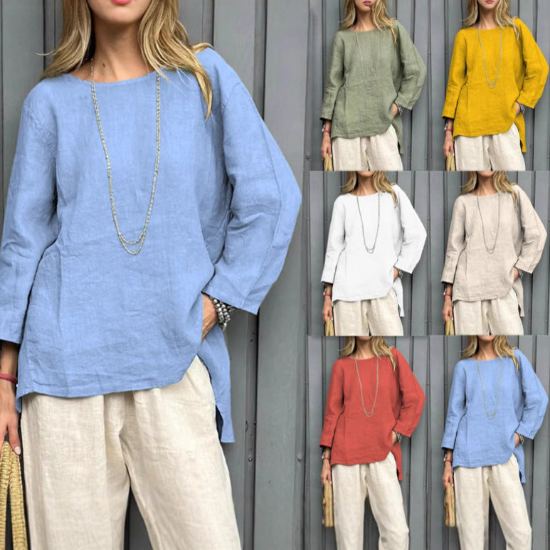 Woman wearing a blue linen top with a necklace, surrounded by color swatches of the top in various colors.