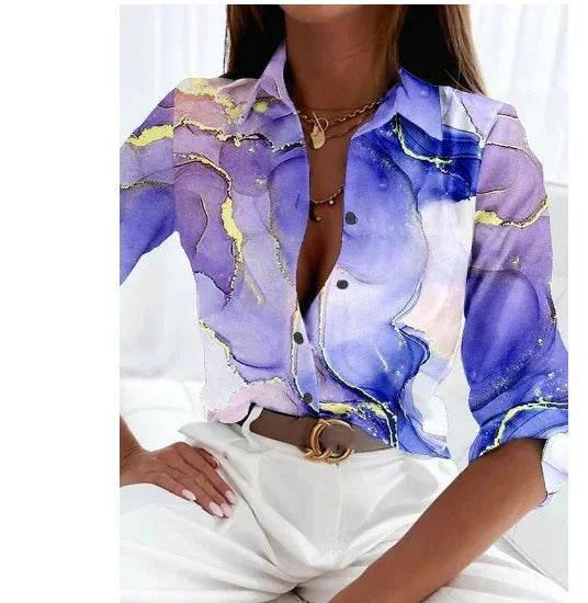 3D Pattern Lapel Button Shirt for Women - ZA-Zola
