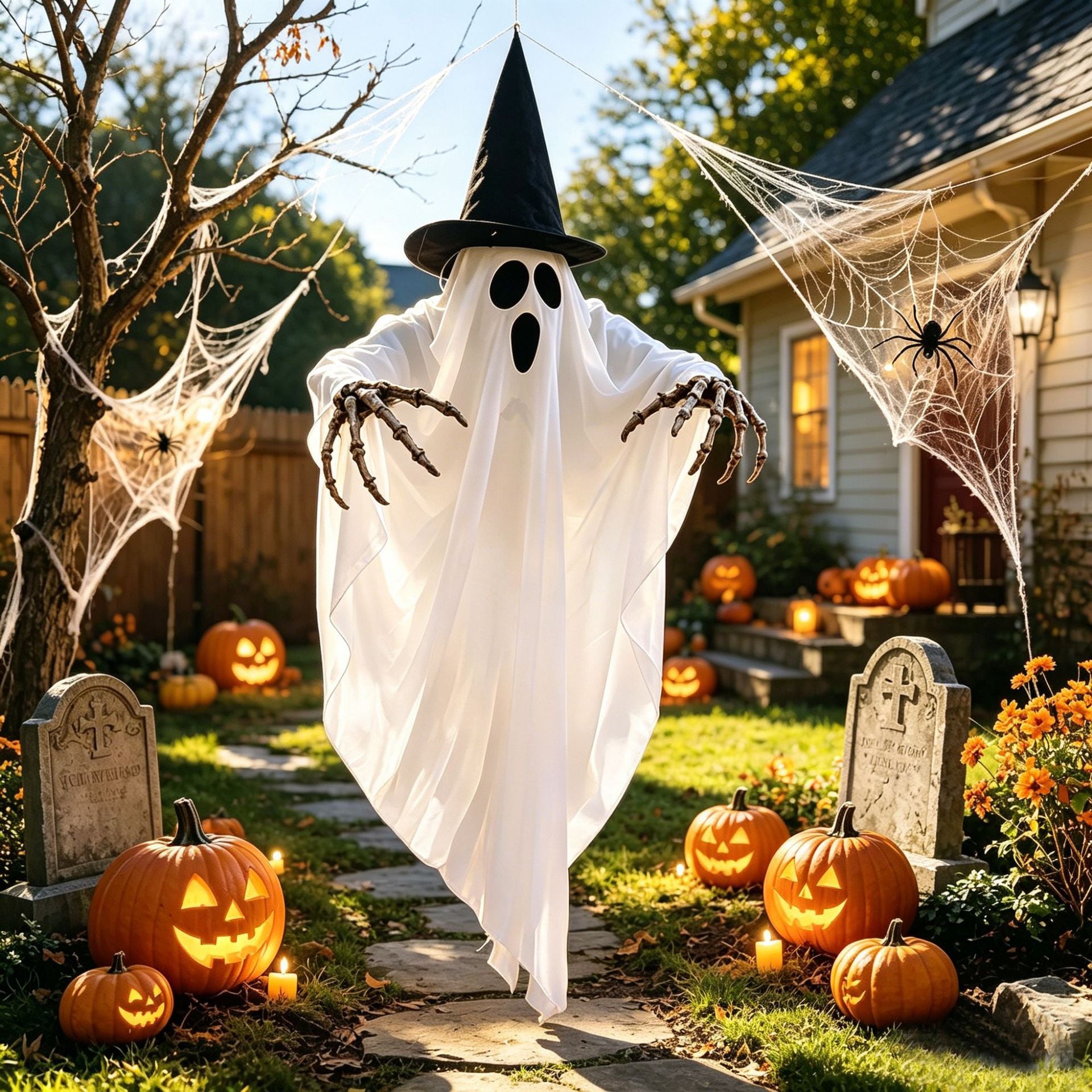 A Halloween yard scene with a ghost costume standing on a stone path in front of a house. The costume includes a white sheet-like ghost body, black eye and mouth cutouts, a black pointed witch hat, and skeletal claw hands.