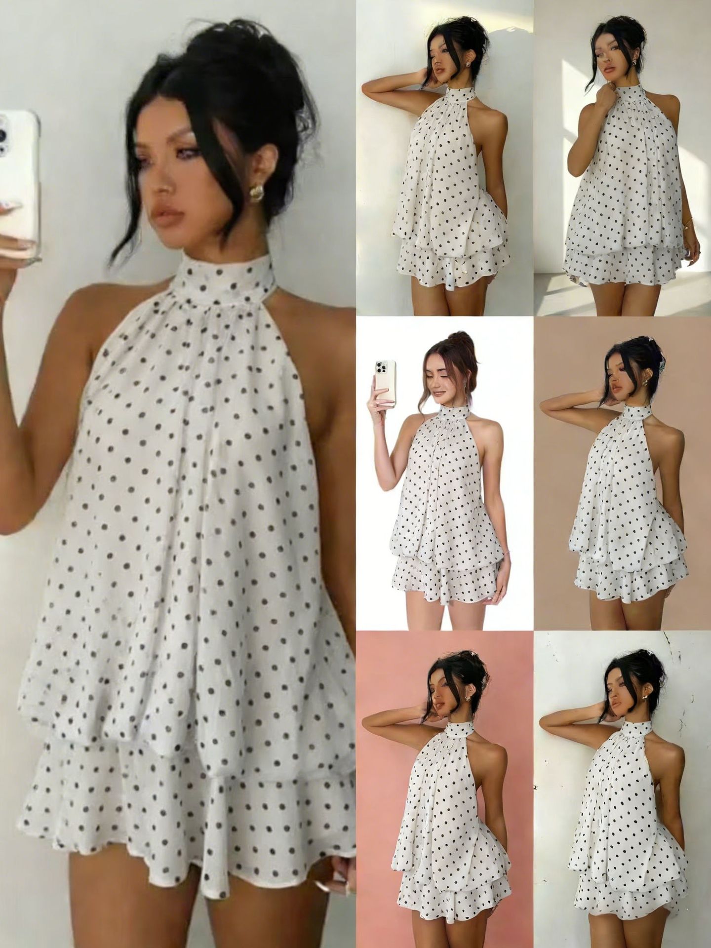 Woman wearing a white dress with black polka dots in multiple poses against different backgrounds.