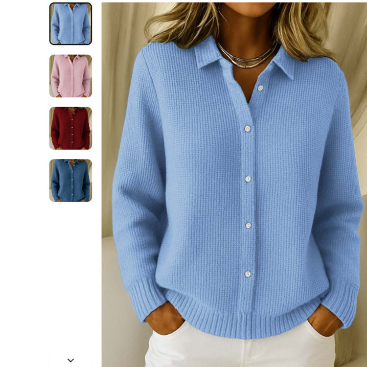 Light blue button-up sweater worn by a person with color swatches of other sweater colors on the side.