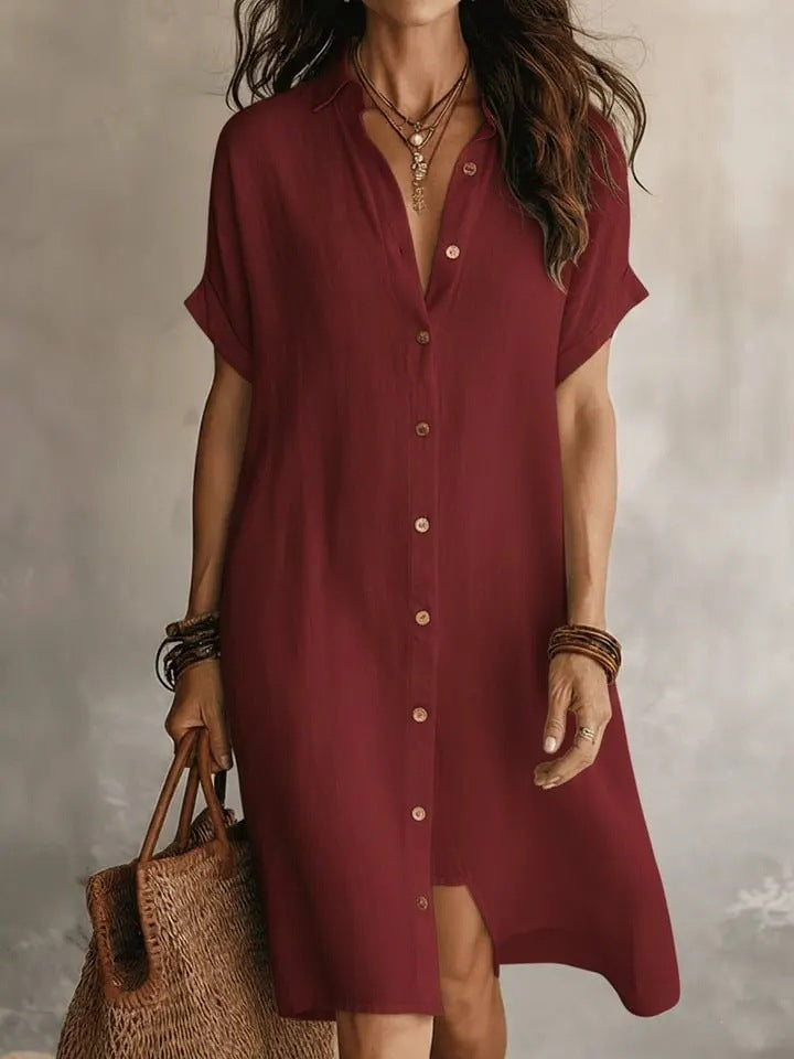 Women's Short Sleeve Buttoned Midi Shirt Dress – Casual Polyester Fashion Dress