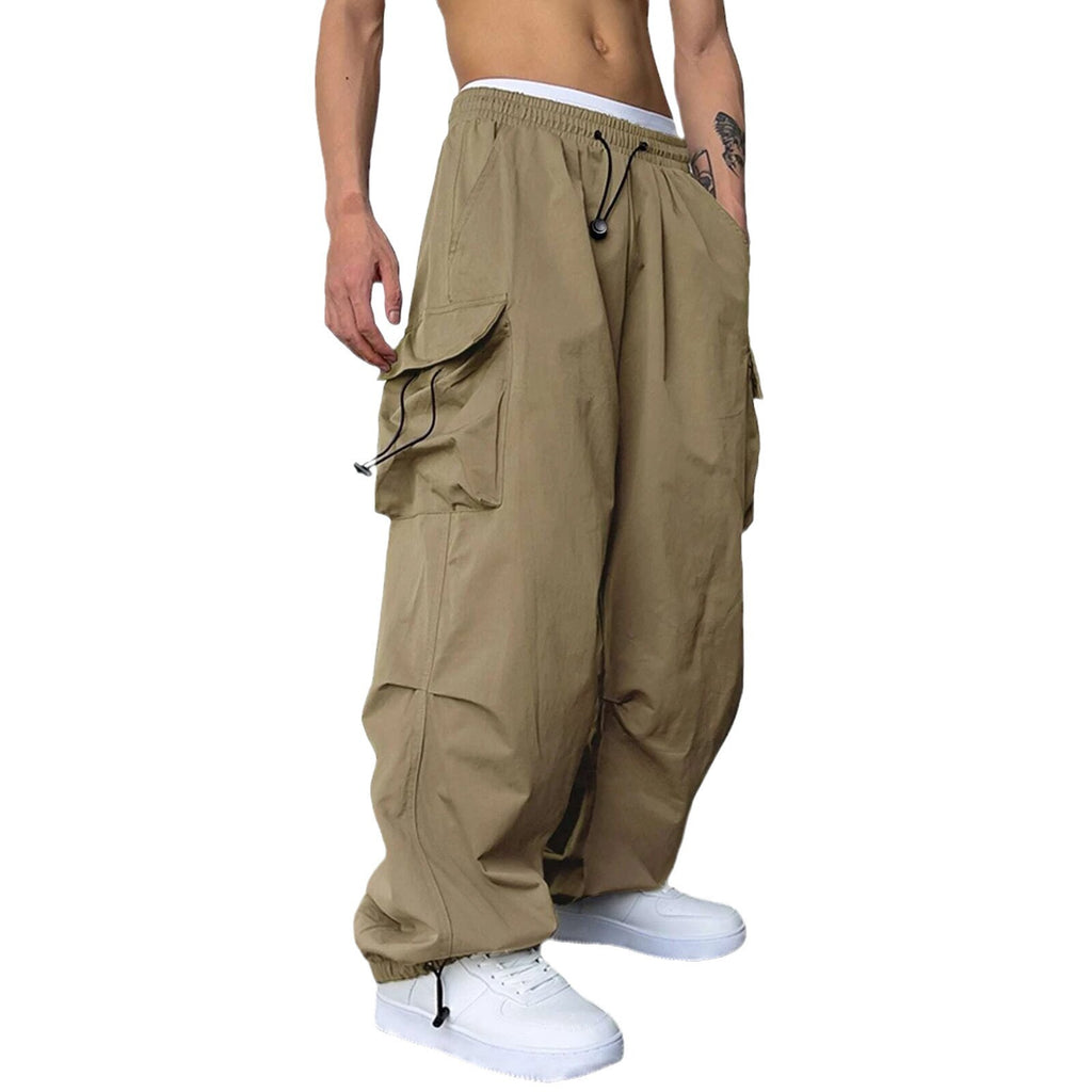 Beige cargo pants worn by a person on a white background