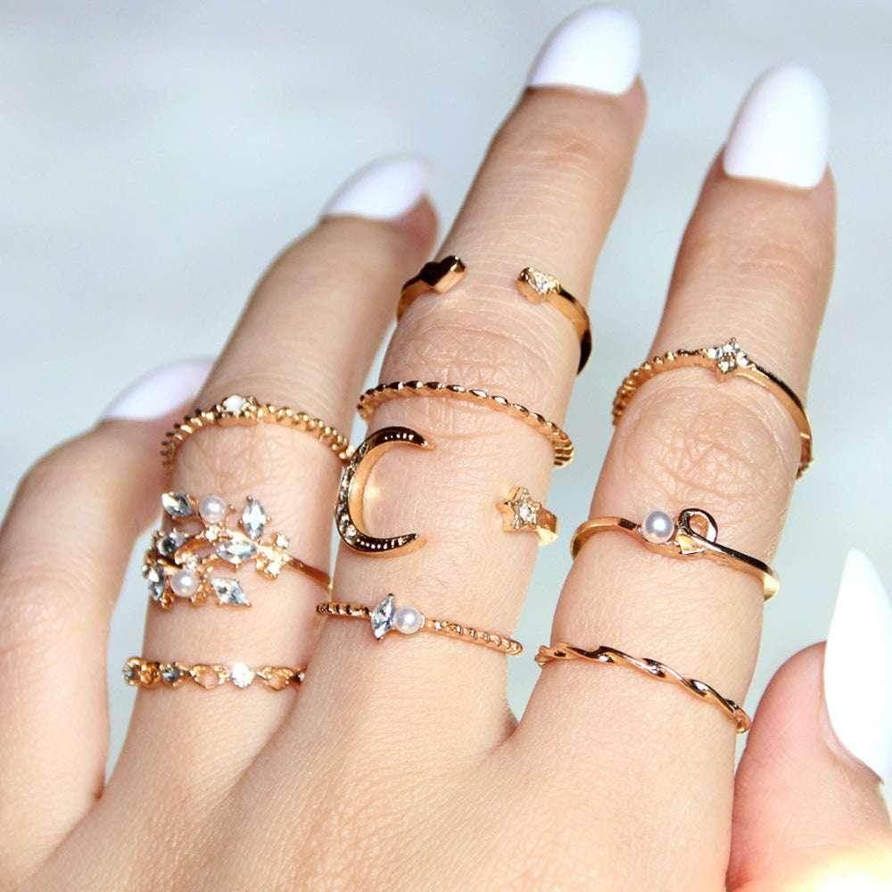 Bohemian Moon & Star Ring Set – 10-Piece Gold Look - ZA-Zola