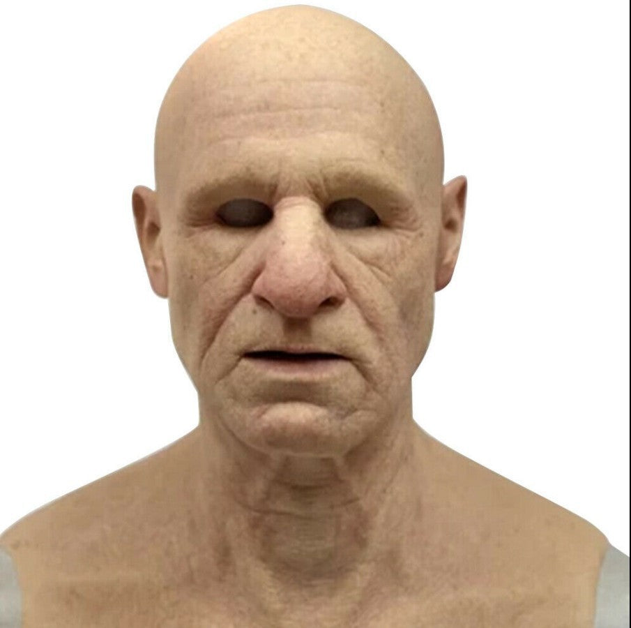 Bust of a bald man with a neutral expression on a white background