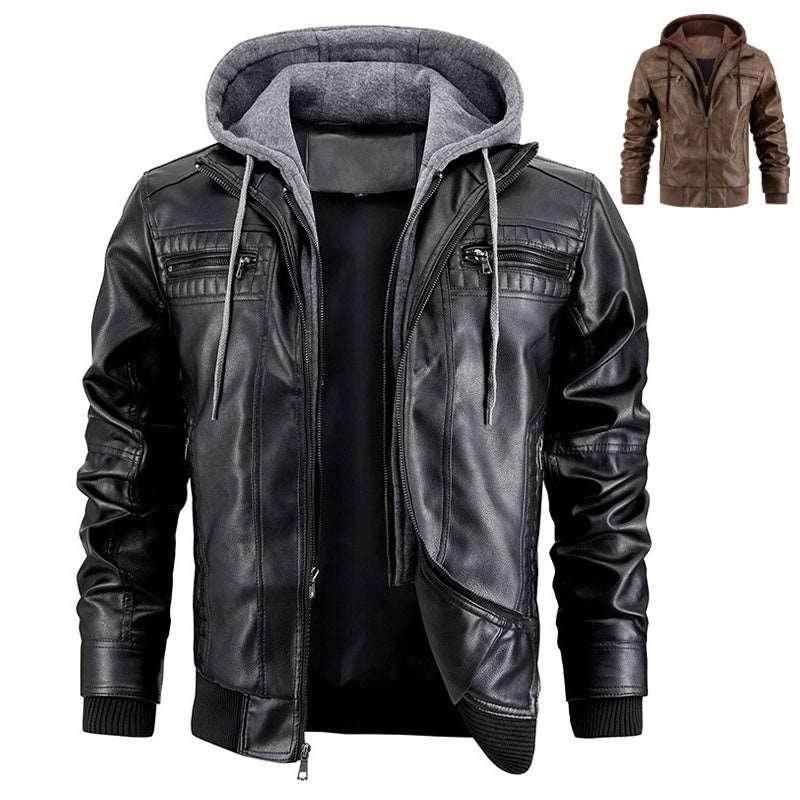 Men's Hooded PU Leather Jacket with Zipper Pockets - ZA-Zola