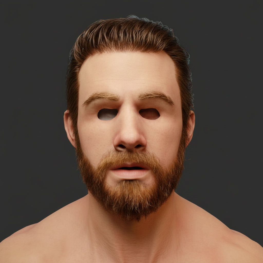 A close-up of a realistic latex or silicone mask of a man's face with brown hair, a full brown beard, and dark eyes, shown on a dark background with Chinese text overlay at the bottom.