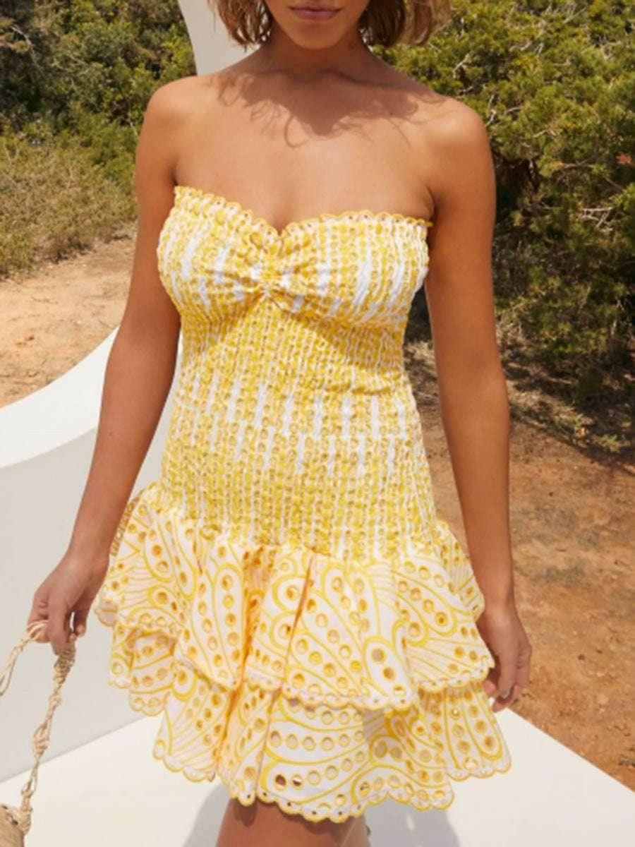 Y2K Tube Top Pleated Dress - Beach Party A-Line Dress - ZA-Zola