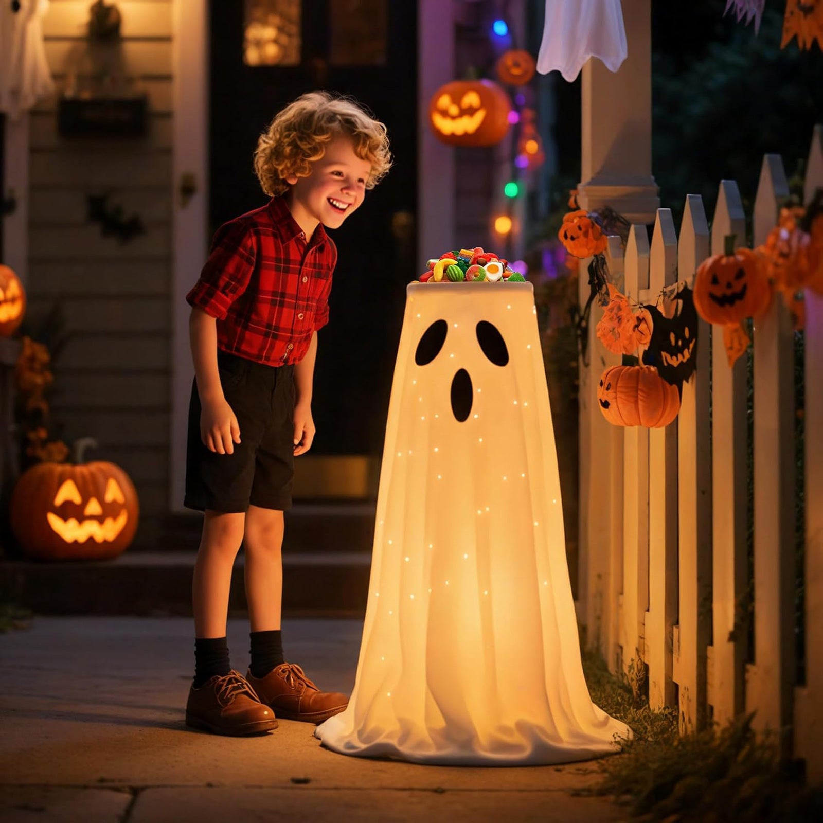 Child standing next to a ghost-shaped Halloween decoration with pumpkins and lights in the background.