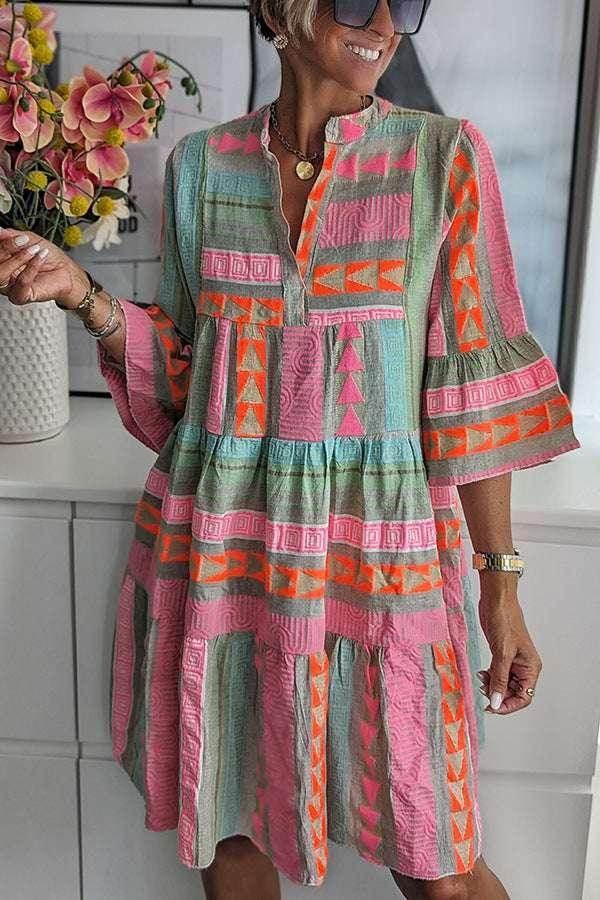 Printed V-Neck Cotton Linen Dress – Autumn Style - ZA-Zola