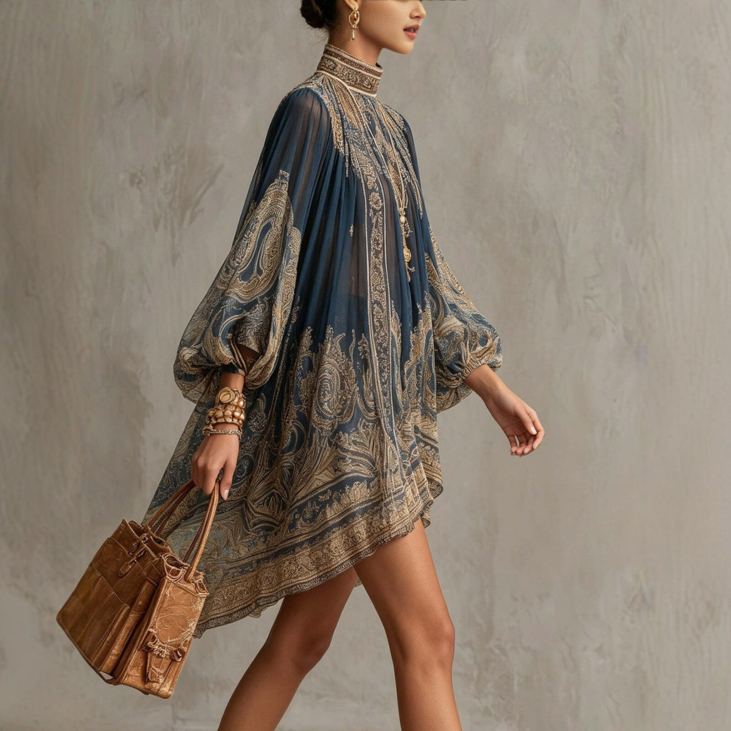 Woman wearing a patterned dress holding a brown leather bag against a gray background