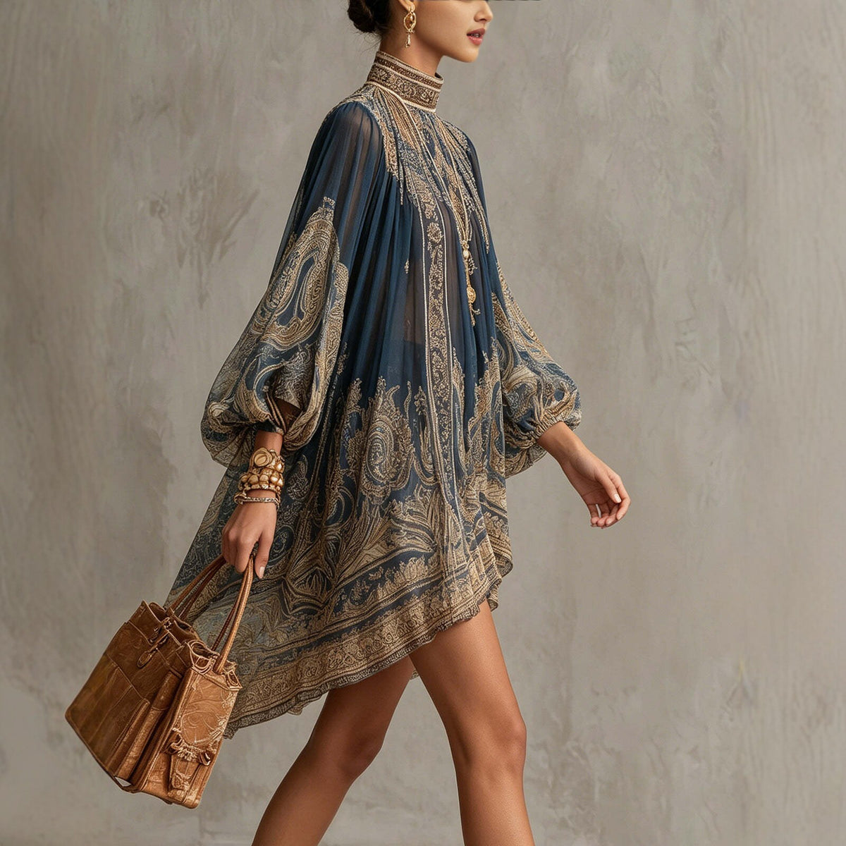 Woman wearing a patterned dress holding a brown leather bag against a gray background