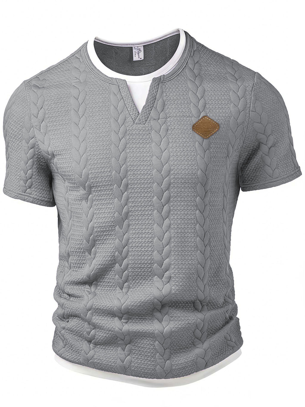 Gray textured short-sleeve shirt with a brown patch on a white background