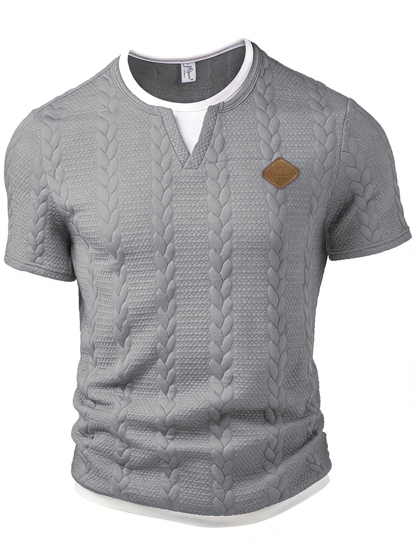 Gray textured short-sleeve shirt with a brown patch on a white background