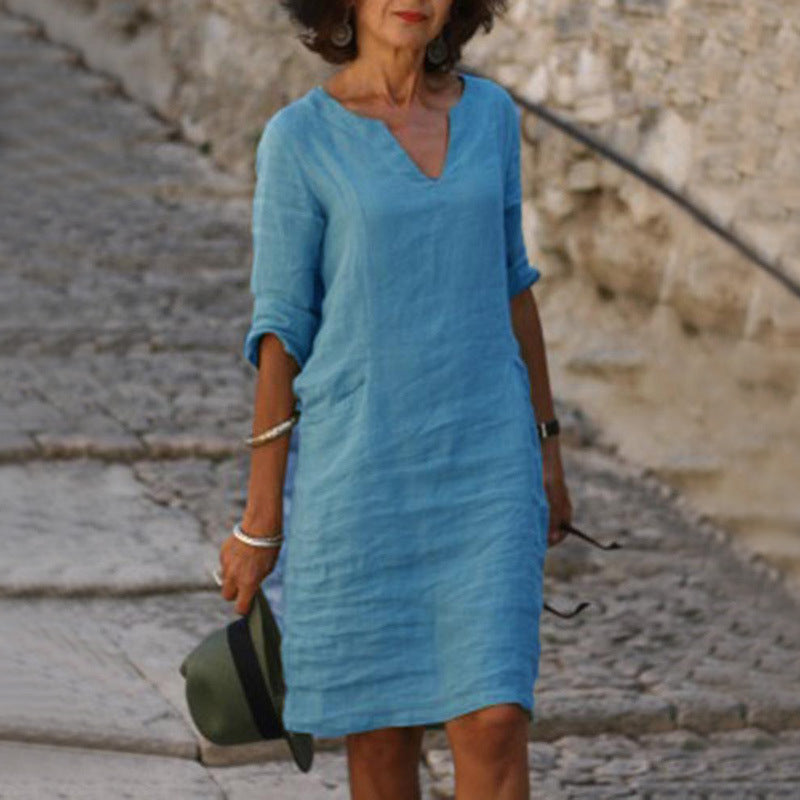 Cotton Linen V-Neck High Waist Retro Summer Dress – A-Line Solid Colour Mid-Length