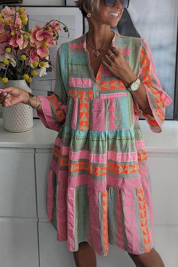 Printed V-Neck Cotton Linen Dress – Autumn Style - ZA-Zola