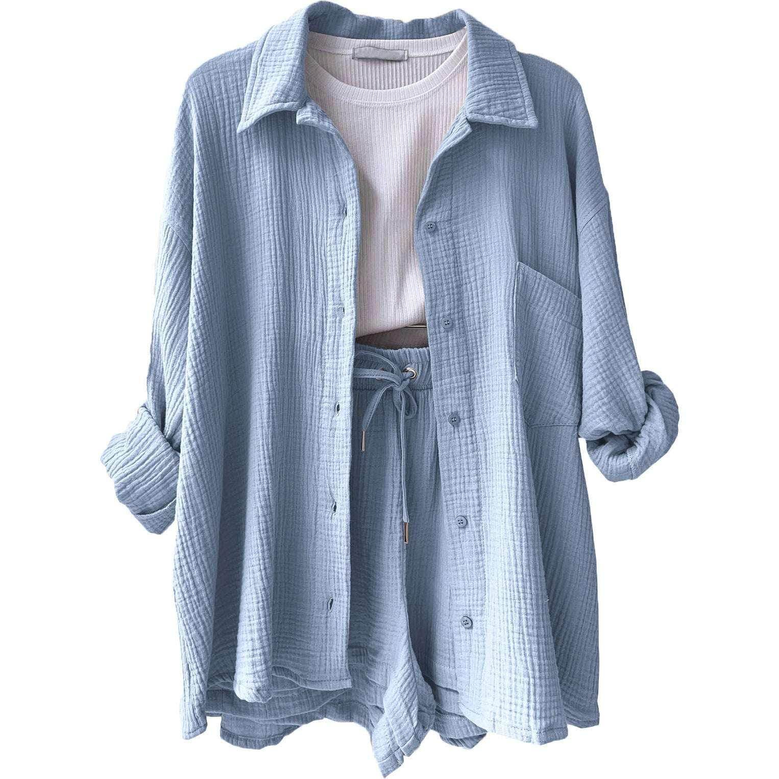 Light blue textured lounge set with button-up shirt, drawstring shorts, and white top from ZA-Zola