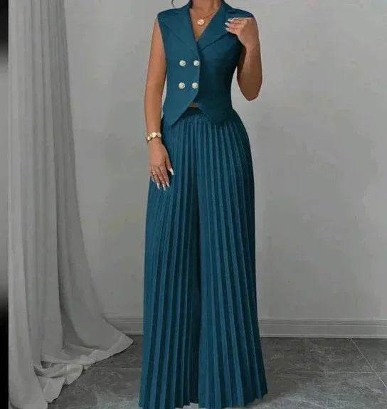 Woman wearing teal pleated wide-leg pants and double-breasted vest, ZA-Zola fashion