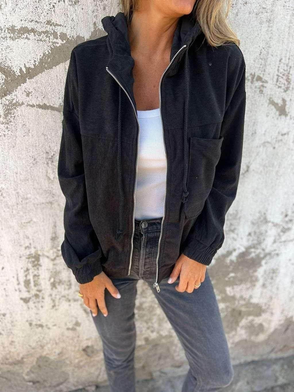 Women's Corduroy Hooded Zip-Up Jacket - ZA-Zola