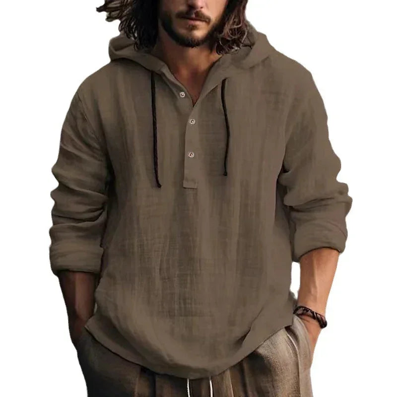 Man wearing a brown hooded shirt on a white background