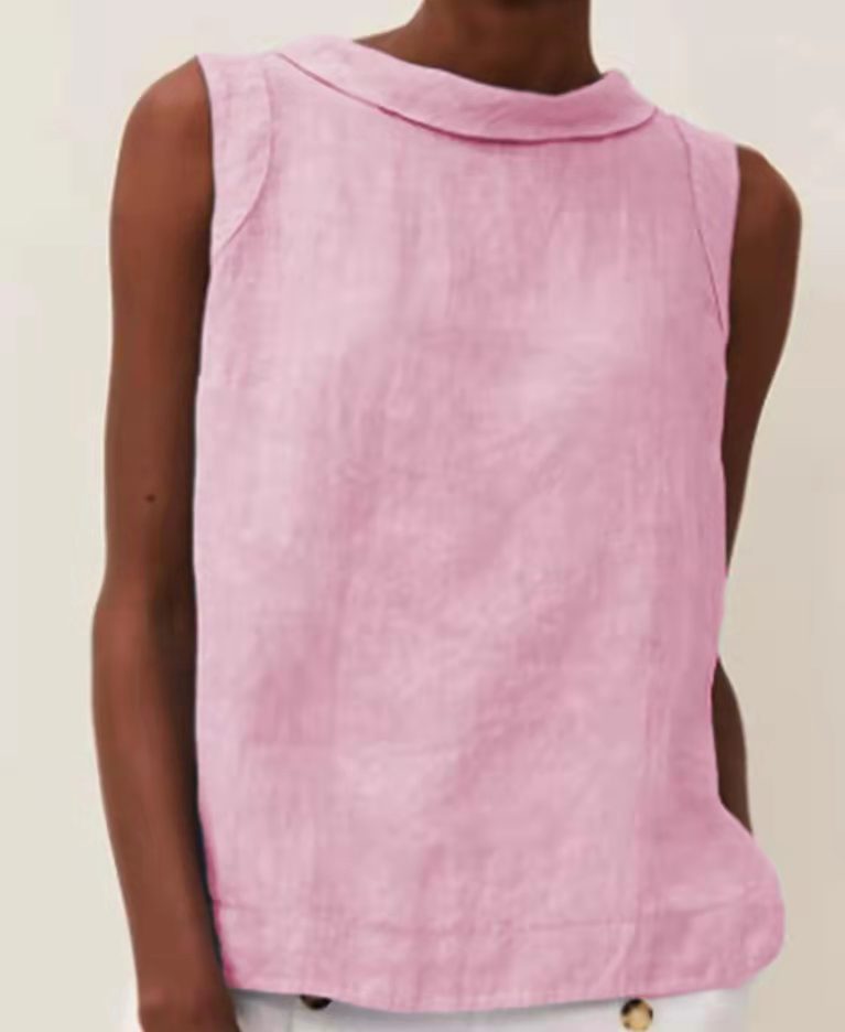 Pink sleeveless top worn by a person on a plain background