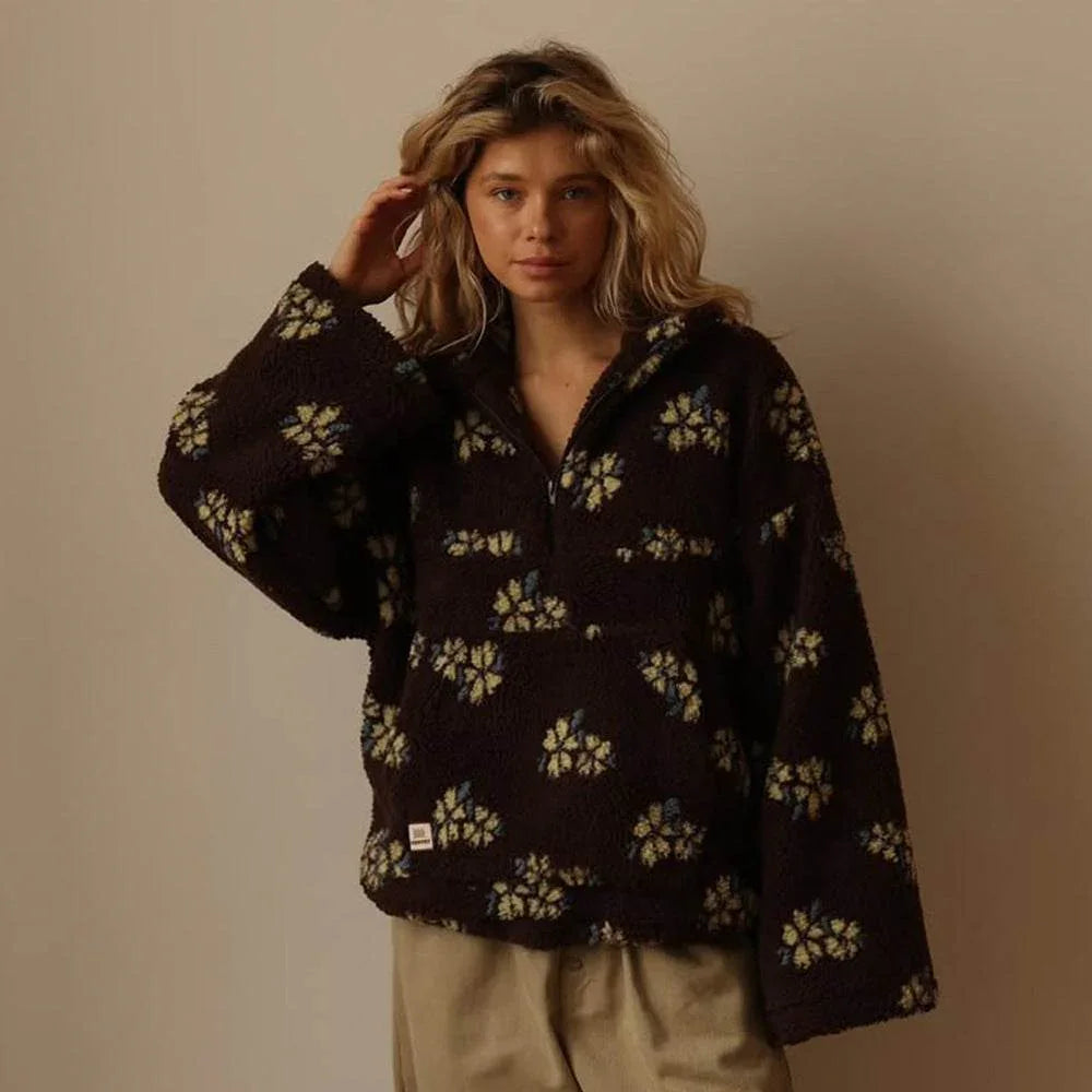Winter Flowers Lambskin Sweatshirt – Cozy Zip-Up Pullover - ZA-Zola