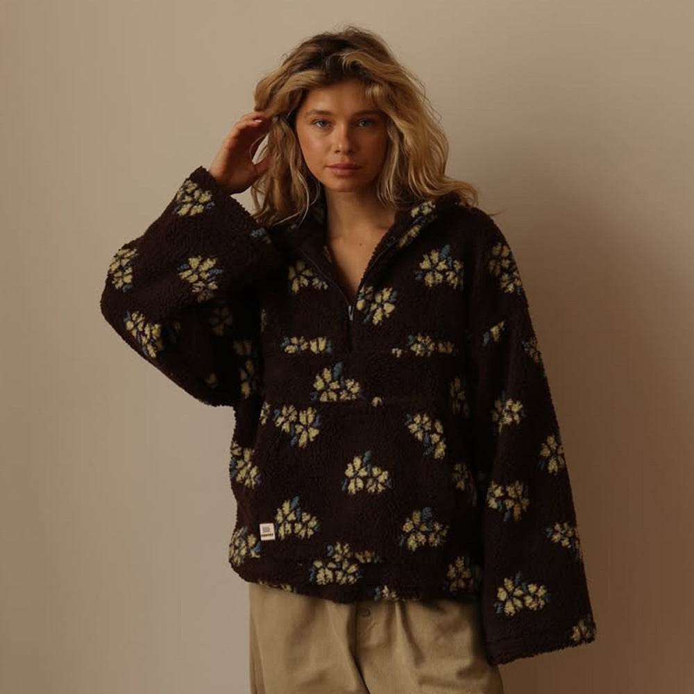 Winter Flowers Lambskin Sweatshirt – Cozy Zip-Up Pullover - ZA-Zola