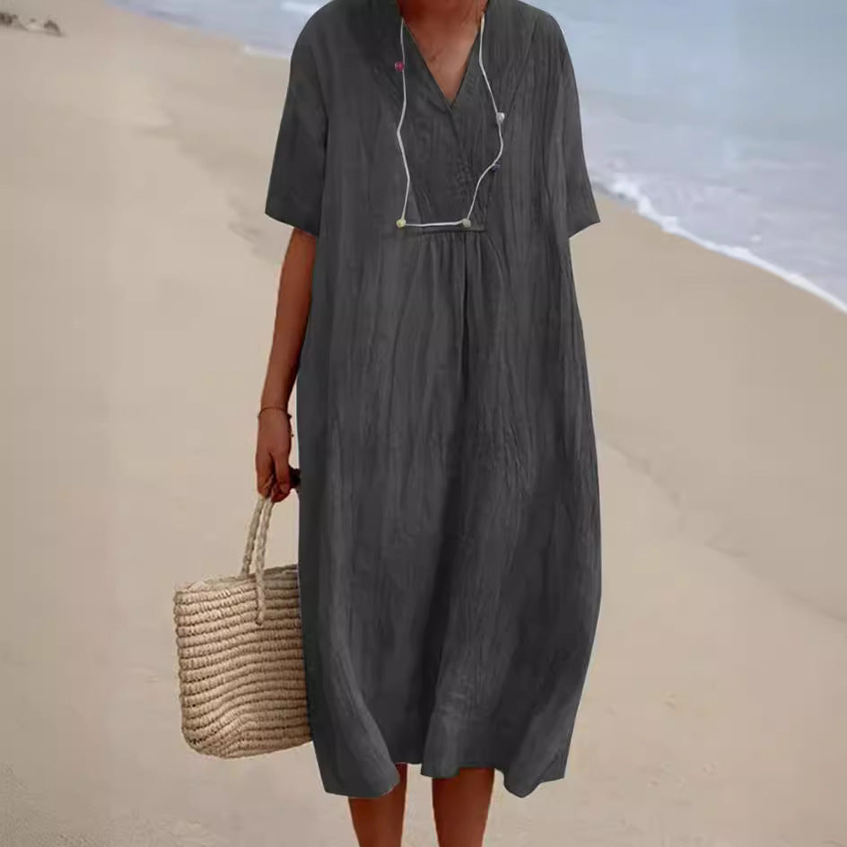 Women Cotton Linen V Neck Solid Color Long Dress Casual Summer Fashion Dress