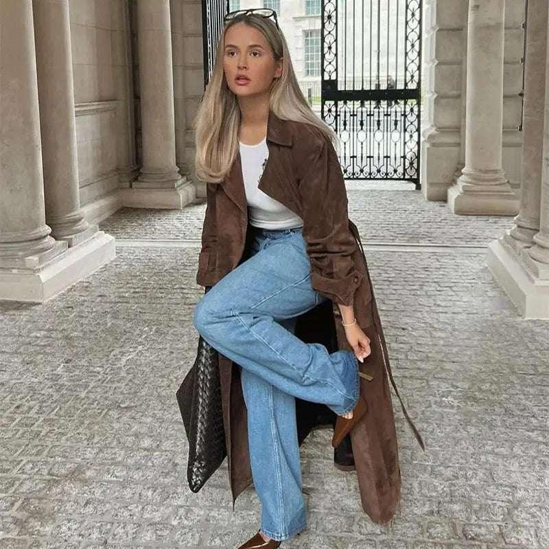 Double Breasted Suede Coat Women – Vintage Belted Long Winter Coat - ZA-Zola