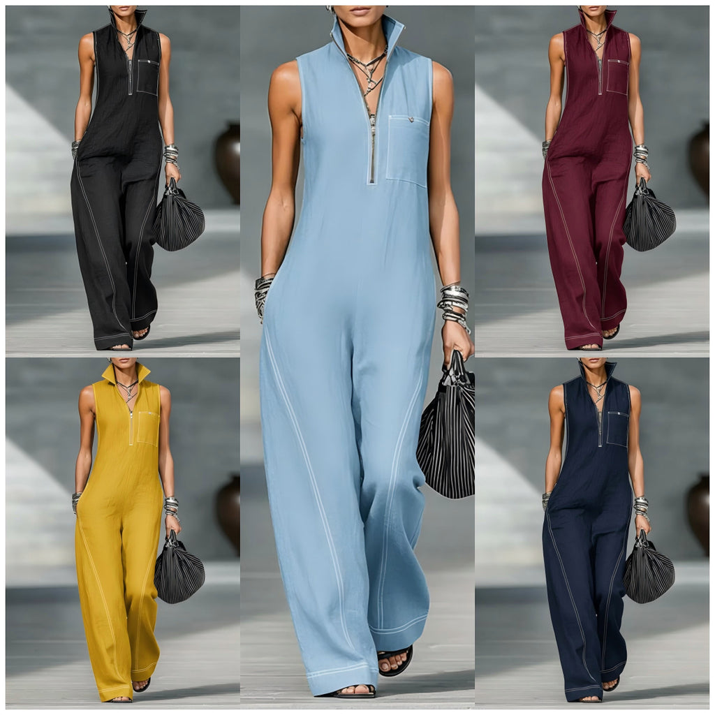 Stand-Up Collar Jumpsuit With Pockets – Casual Sleeveless Wide Leg Summer Women Outfit