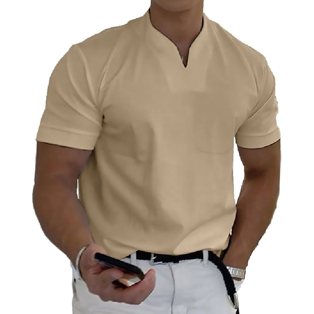 Beige short-sleeve shirt worn by a person on a white background