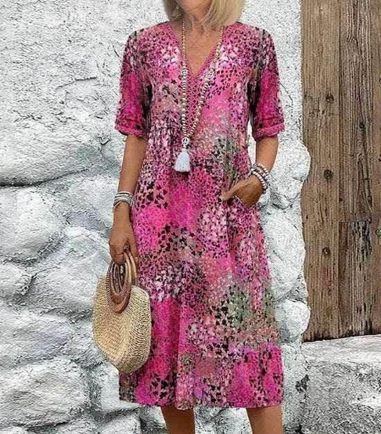 Ethnic Print V-Neck Summer Dress with Pockets - ZA-Zola