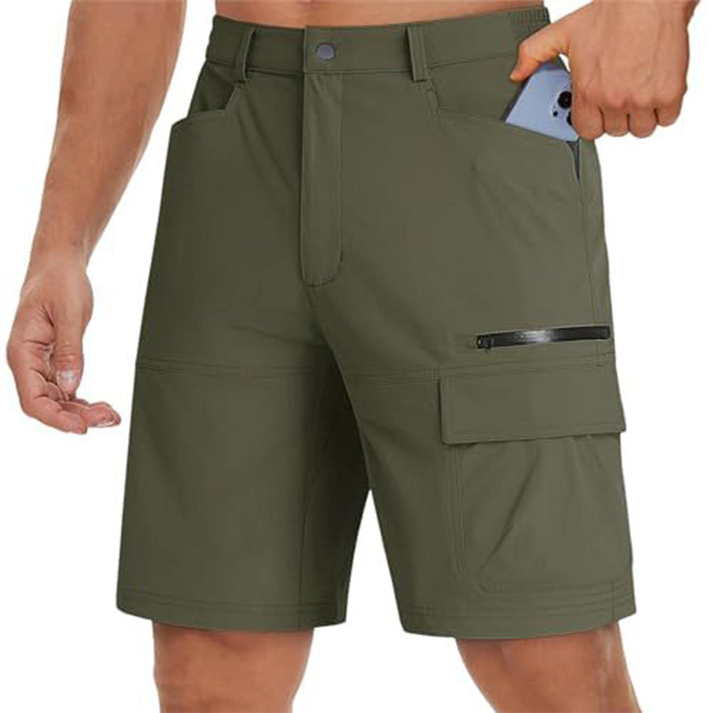 Green cargo shorts worn by a person on a white background