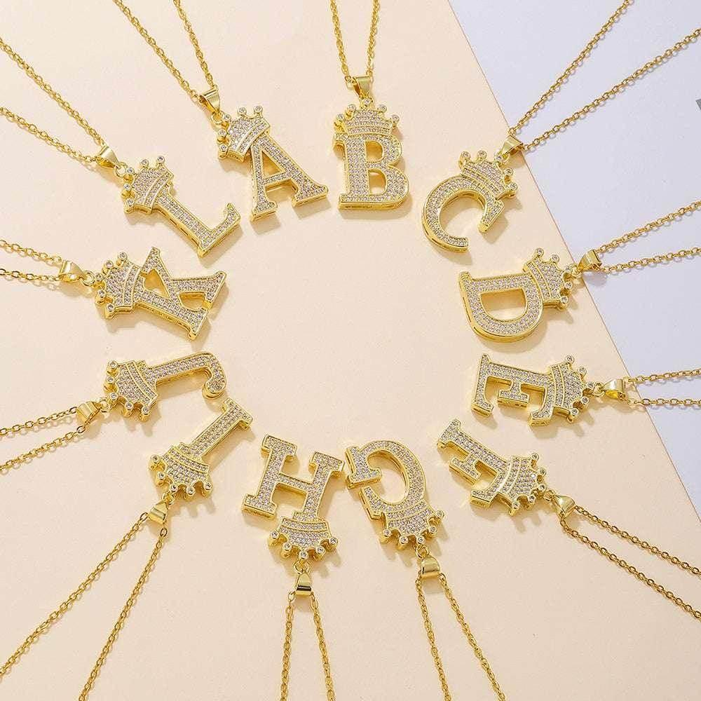 Gold Crown Initial Pendant Necklace for Daily Wear - ZA-Zola
