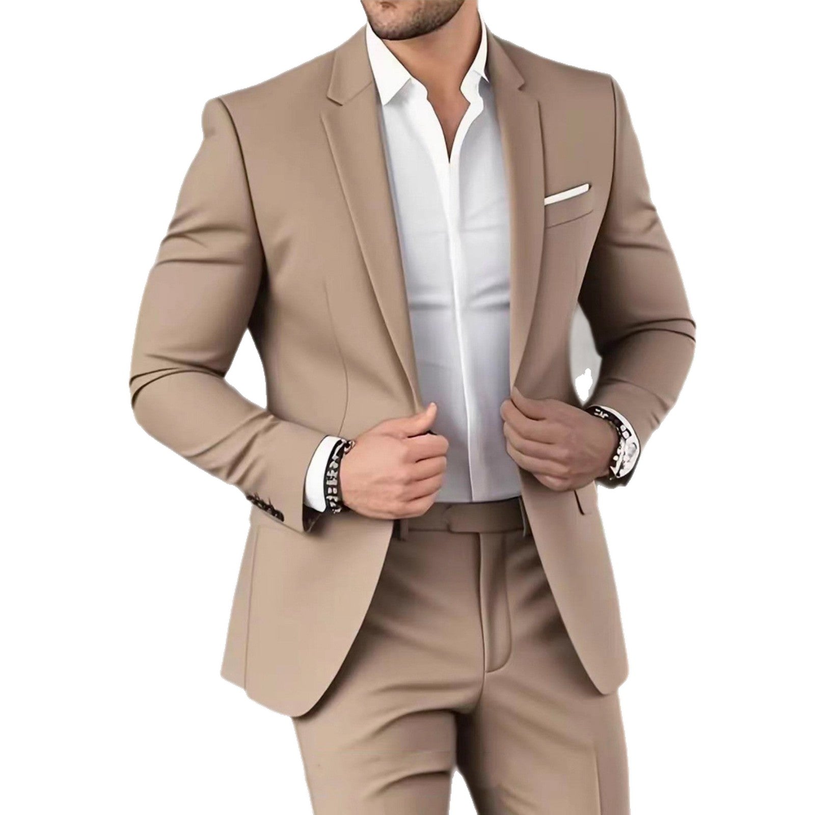 Beige suit jacket and pants with a white shirt on a white background