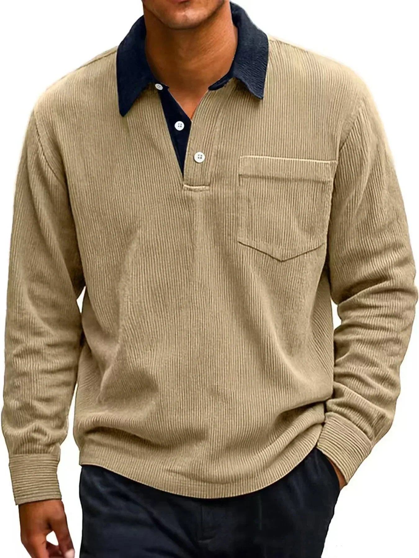 Beige corduroy shirt with navy collar on a white background