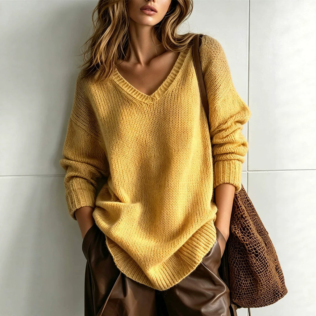 A woman wearing a chunky knit mustard yellow V-neck sweater, paired with brown leather pants and carrying a brown woven shoulder bag, standing against a light gray tiled wall.