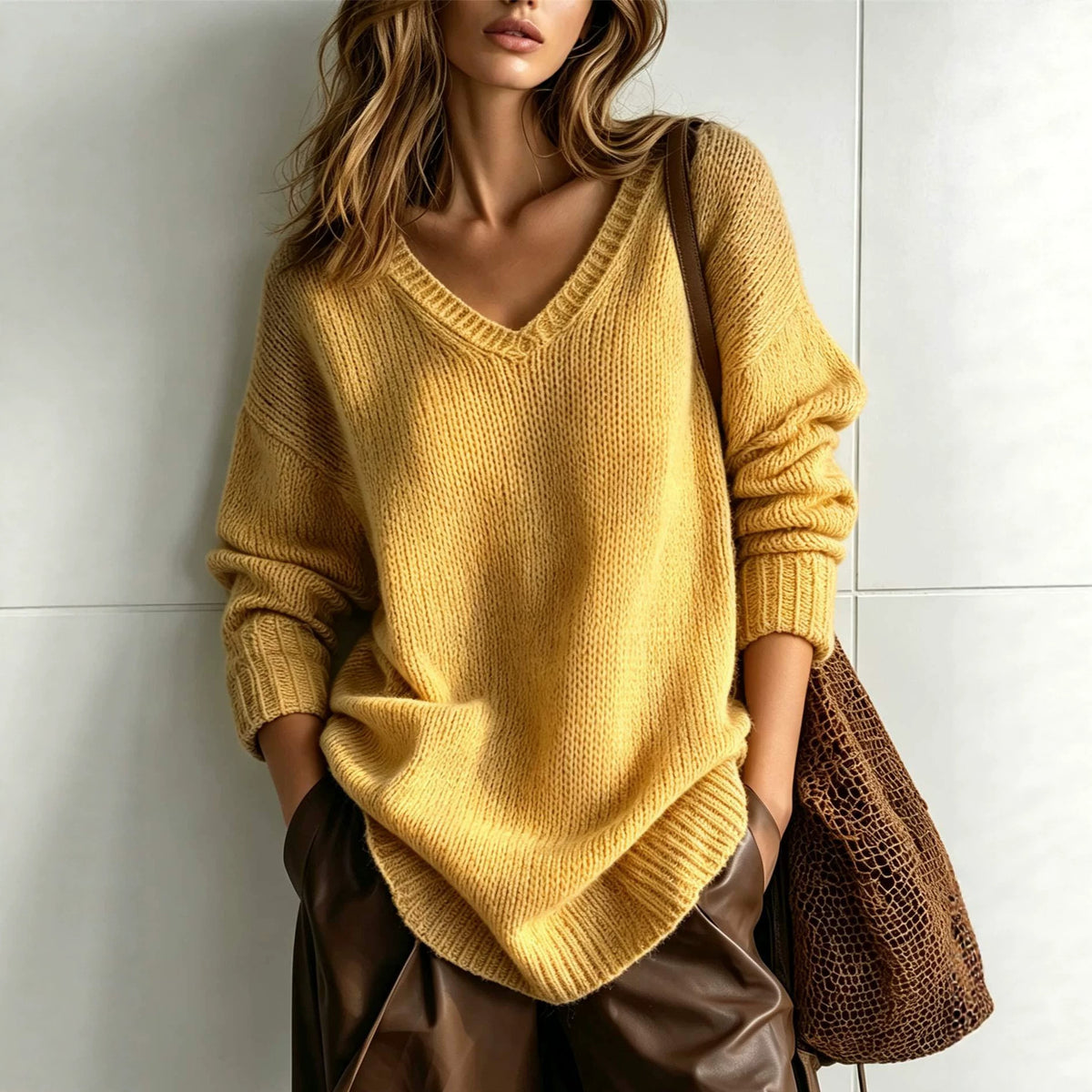 A woman wearing a chunky knit mustard yellow V-neck sweater, paired with brown leather pants and carrying a brown woven shoulder bag, standing against a light gray tiled wall.