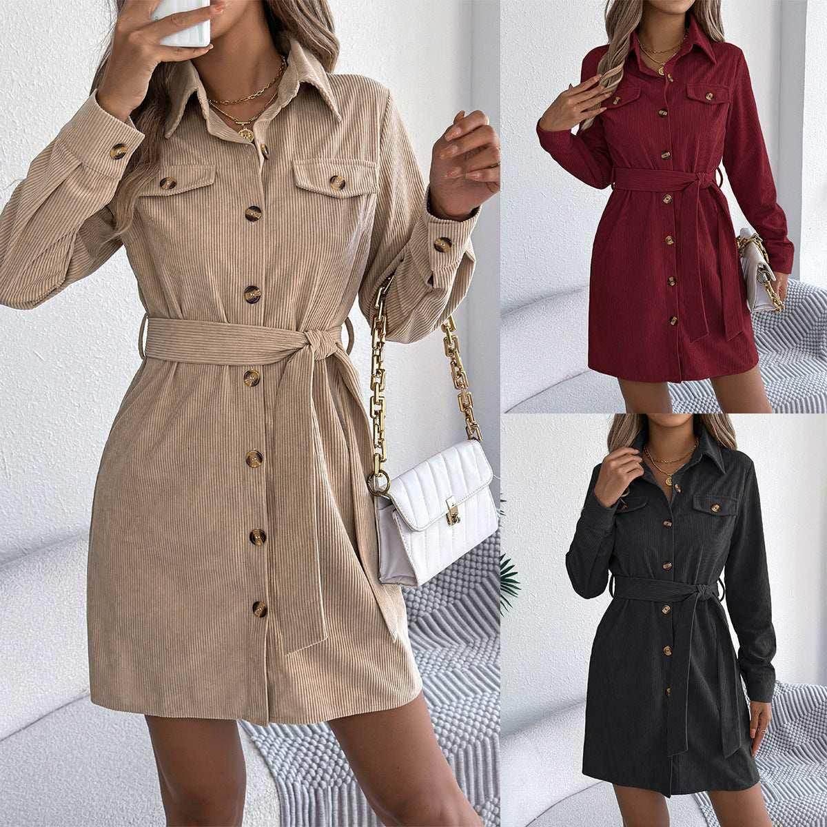 Corduroy Shirt Dress with Belt – Fall Favorite - ZA-Zola
