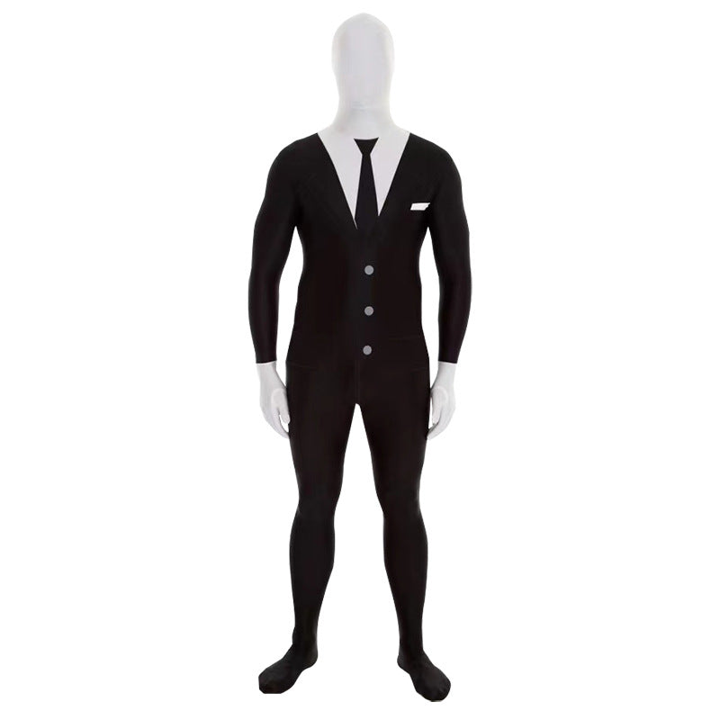 A black full-body suit or bodysuit displayed on a white mannequin against a plain white background. The suit has long sleeves, a V-neck, front buttons, a white chest panel, a white pocket square, and a black tie.